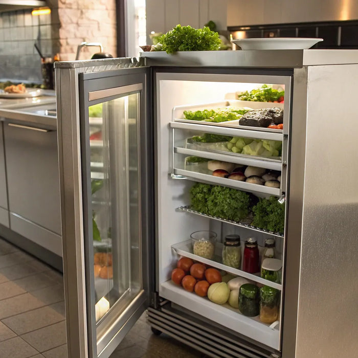 Stainless steel under the cabinet refrigerator in a commercial kitchen, stocked with fresh ingredients.