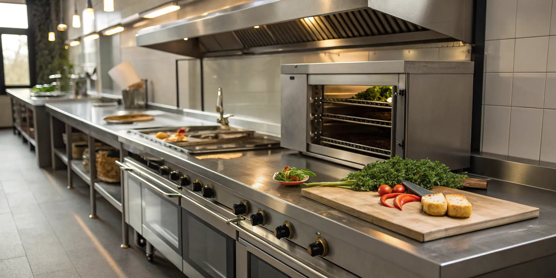 St. Paul restaurant equipment like stainless steel prep tables and an oven in a modern commercial kitchen.