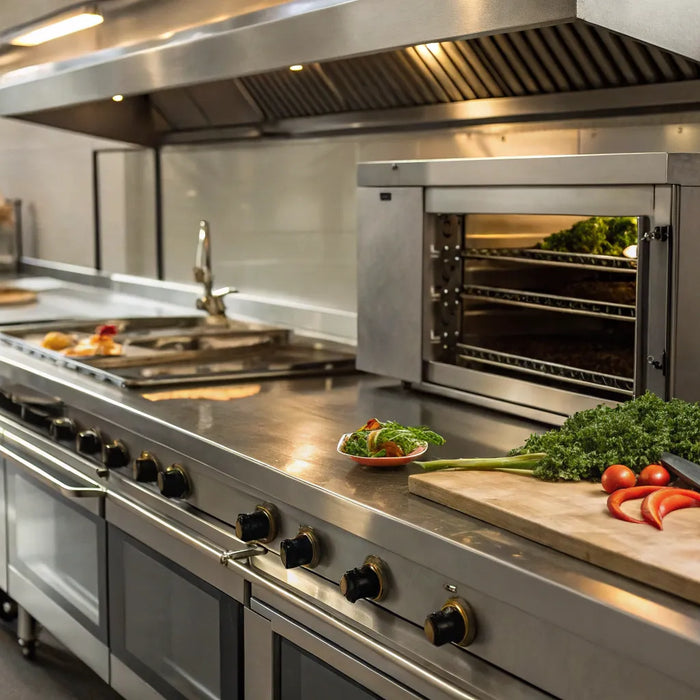 St. Paul restaurant equipment like stainless steel prep tables and an oven in a modern commercial kitchen.