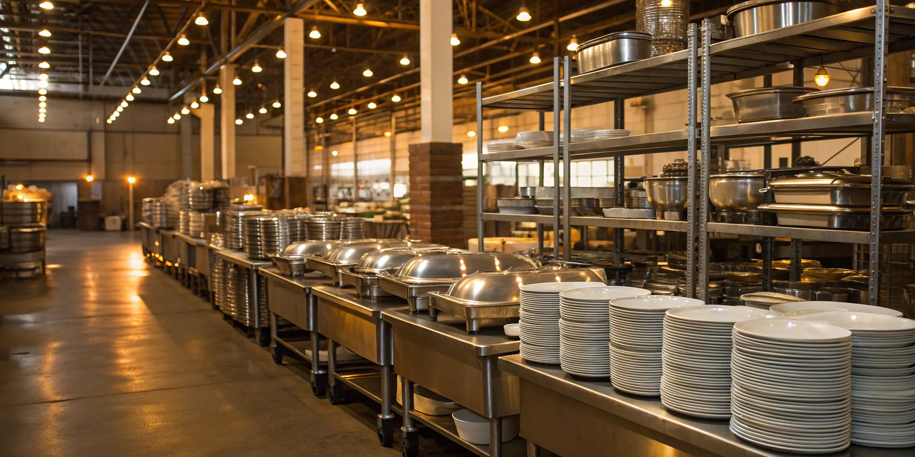 Bulk restaurant plates and kitchen equipment at Restaurant Depot in New Orleans.