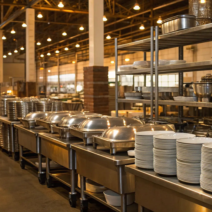 Bulk restaurant plates and kitchen equipment at Restaurant Depot in New Orleans.