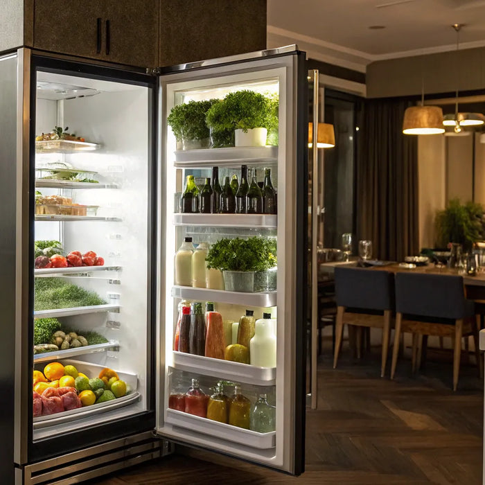 Glass door fridge freezer in a restaurant kitchen displays its contents for quick access.