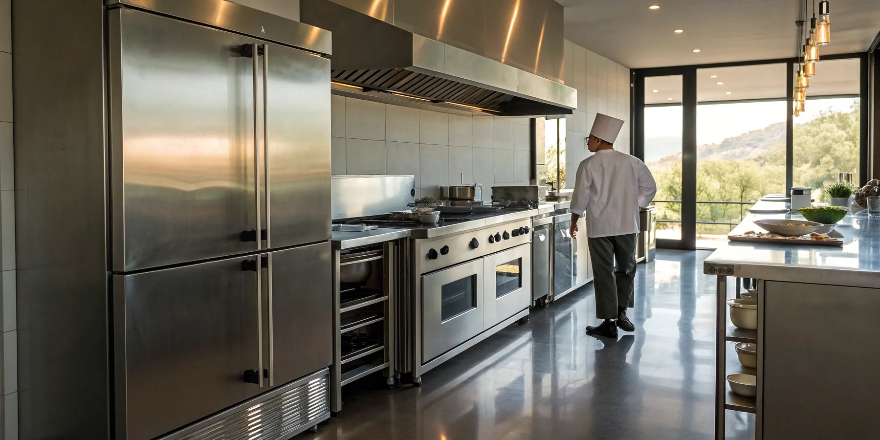 Chef working with leased restaurant equipment in a stainless steel commercial kitchen.
