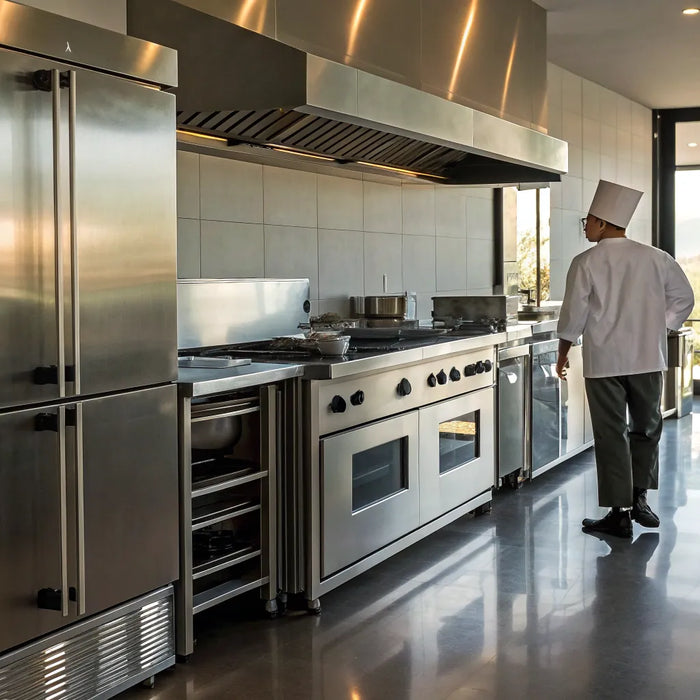 Chef working with leased restaurant equipment in a stainless steel commercial kitchen.