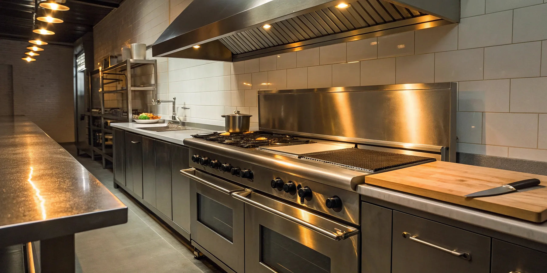 Leased restaurant equipment like a stove and prep counter in a commercial kitchen.