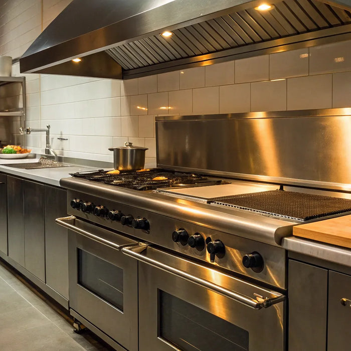 Leased restaurant equipment like a stove and prep counter in a commercial kitchen.