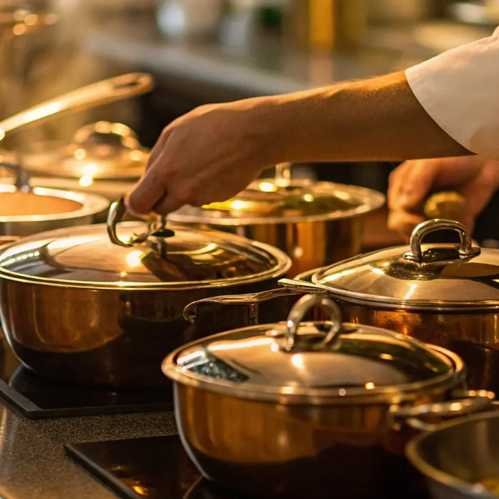 A chef checks on different types of stove pots simmering in a professional kitchen.