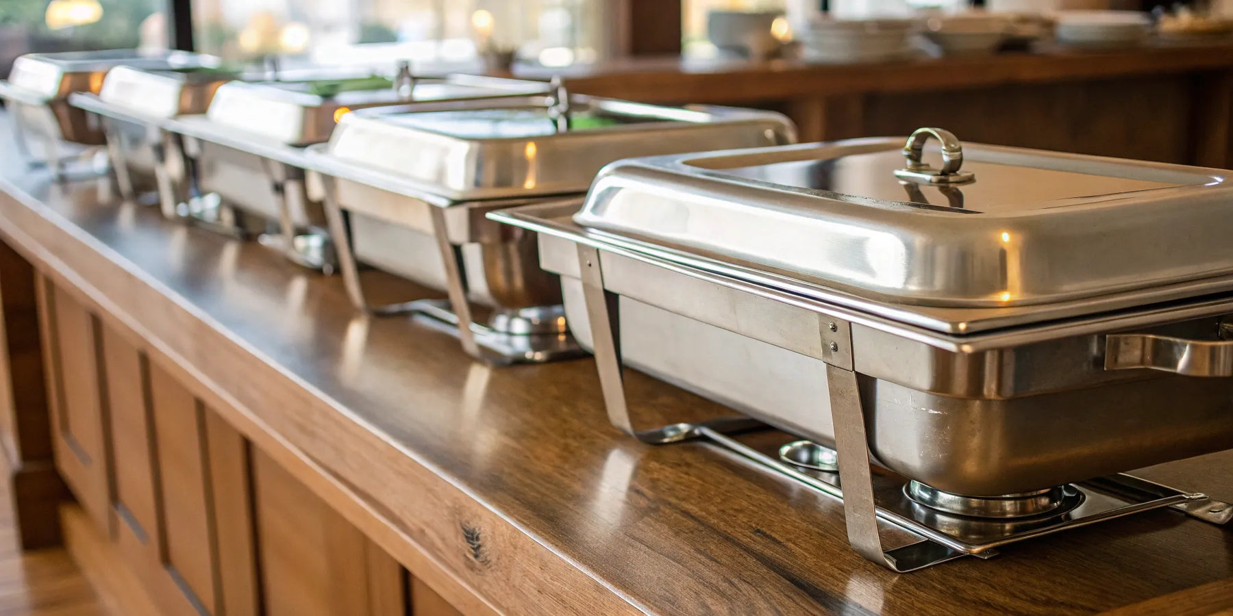 Various sizes of stainless steel steam pans stacked neatly in a professional kitchen.
