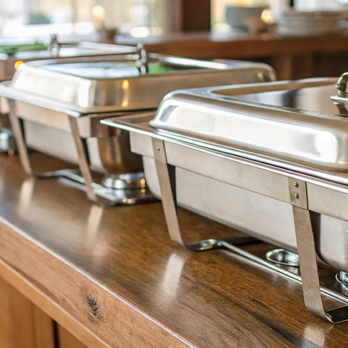 Various sizes of stainless steel steam pans stacked neatly in a professional kitchen.