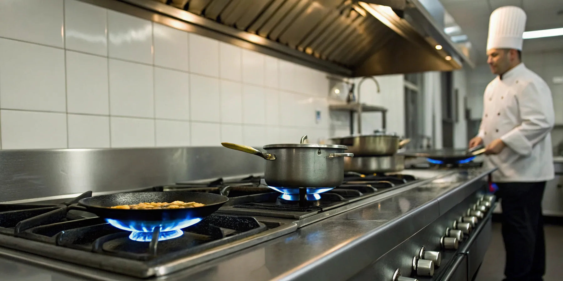 Chef cooking on a powerful commercial gas range in a professional restaurant kitchen.