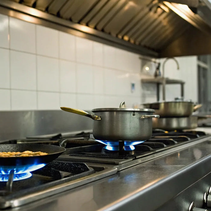 Chef cooking on a powerful commercial gas range in a professional restaurant kitchen.