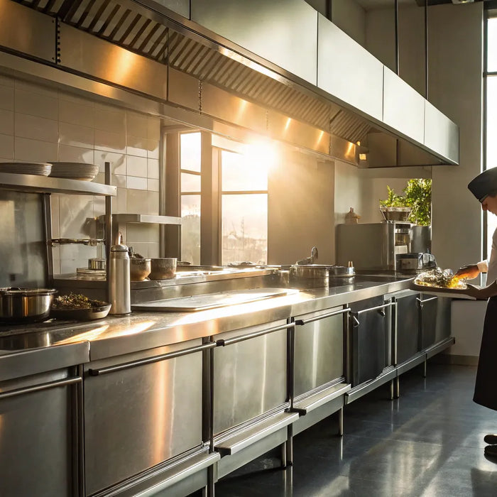 Stainless steel cooking equipment and supplies inside The Restaurant Store in Capitol Heights.