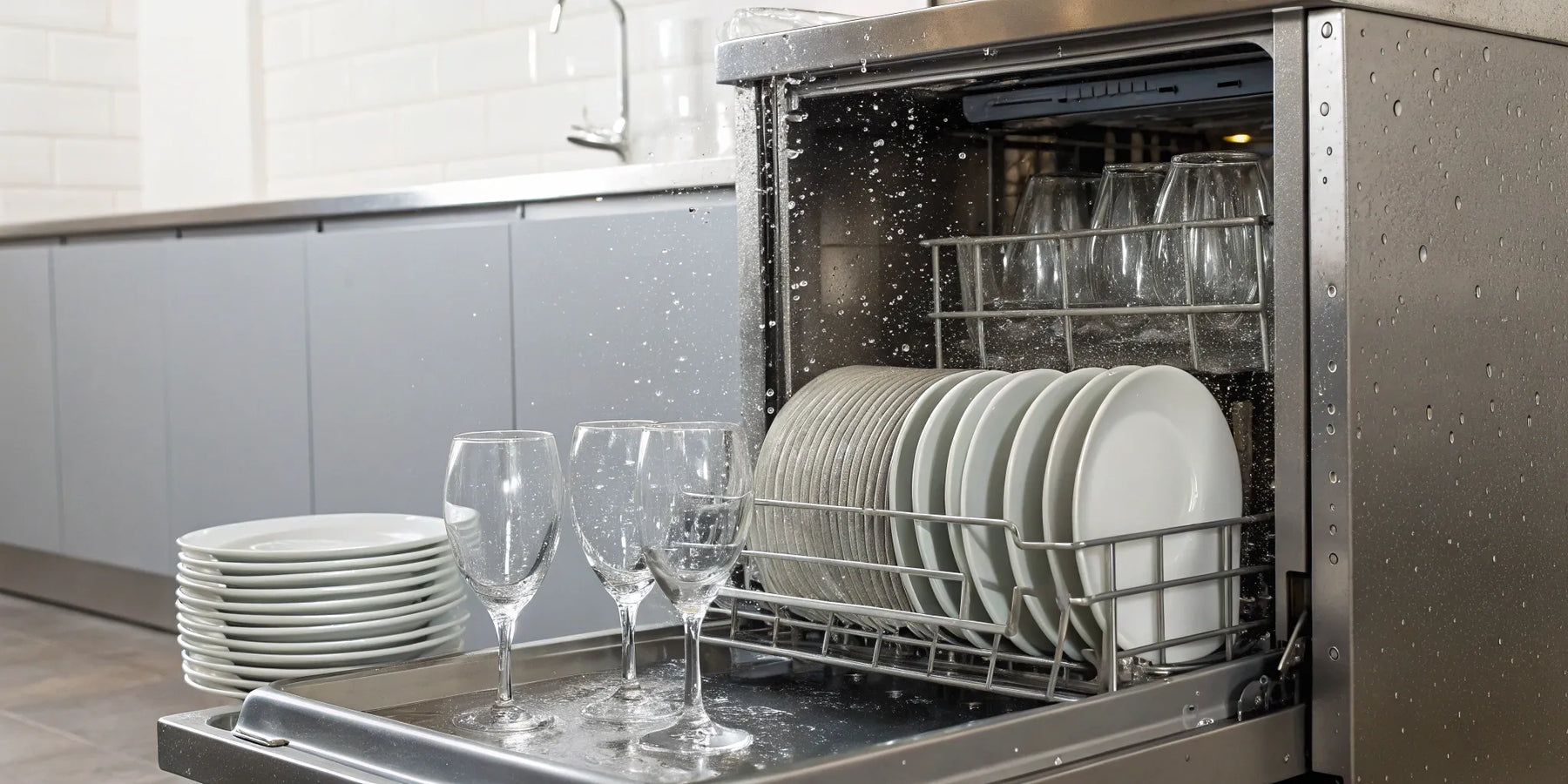 Clean dishes and glasses inside an open commercial restaurant dishwasher.