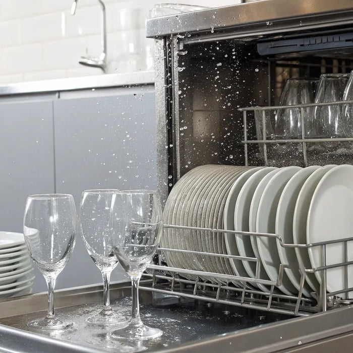 Clean dishes and glasses inside an open commercial restaurant dishwasher.