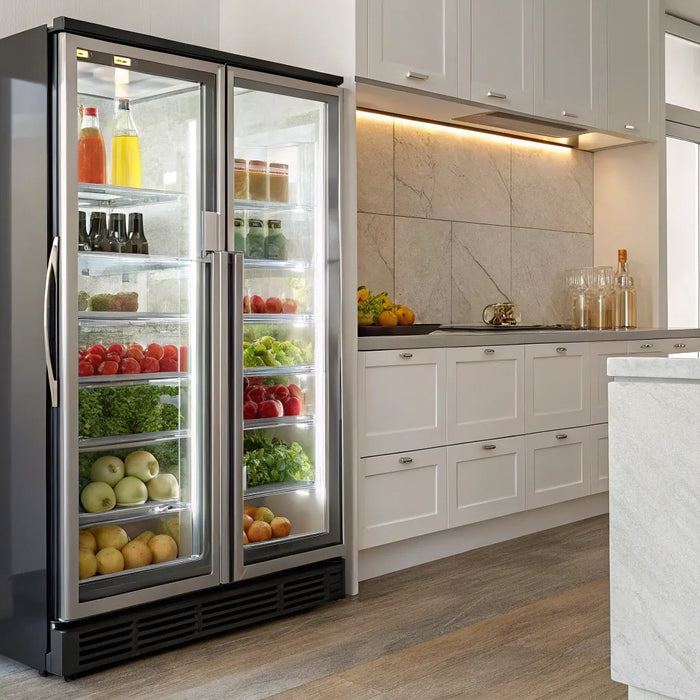 A modern glass door cooler showcasing beverages and fresh produce for customers.