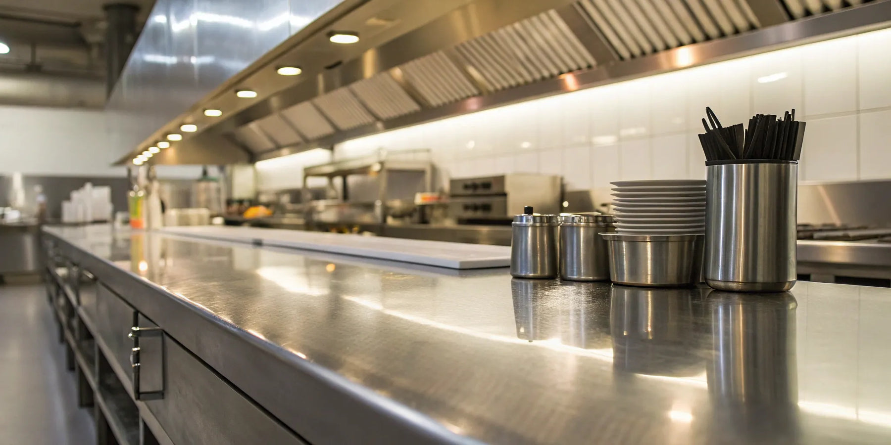 A stainless steel metal prep table with an undershelf in a commercial kitchen.