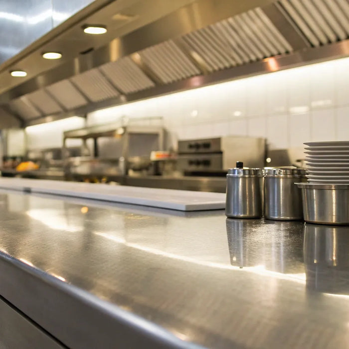 A stainless steel metal prep table with an undershelf in a commercial kitchen.