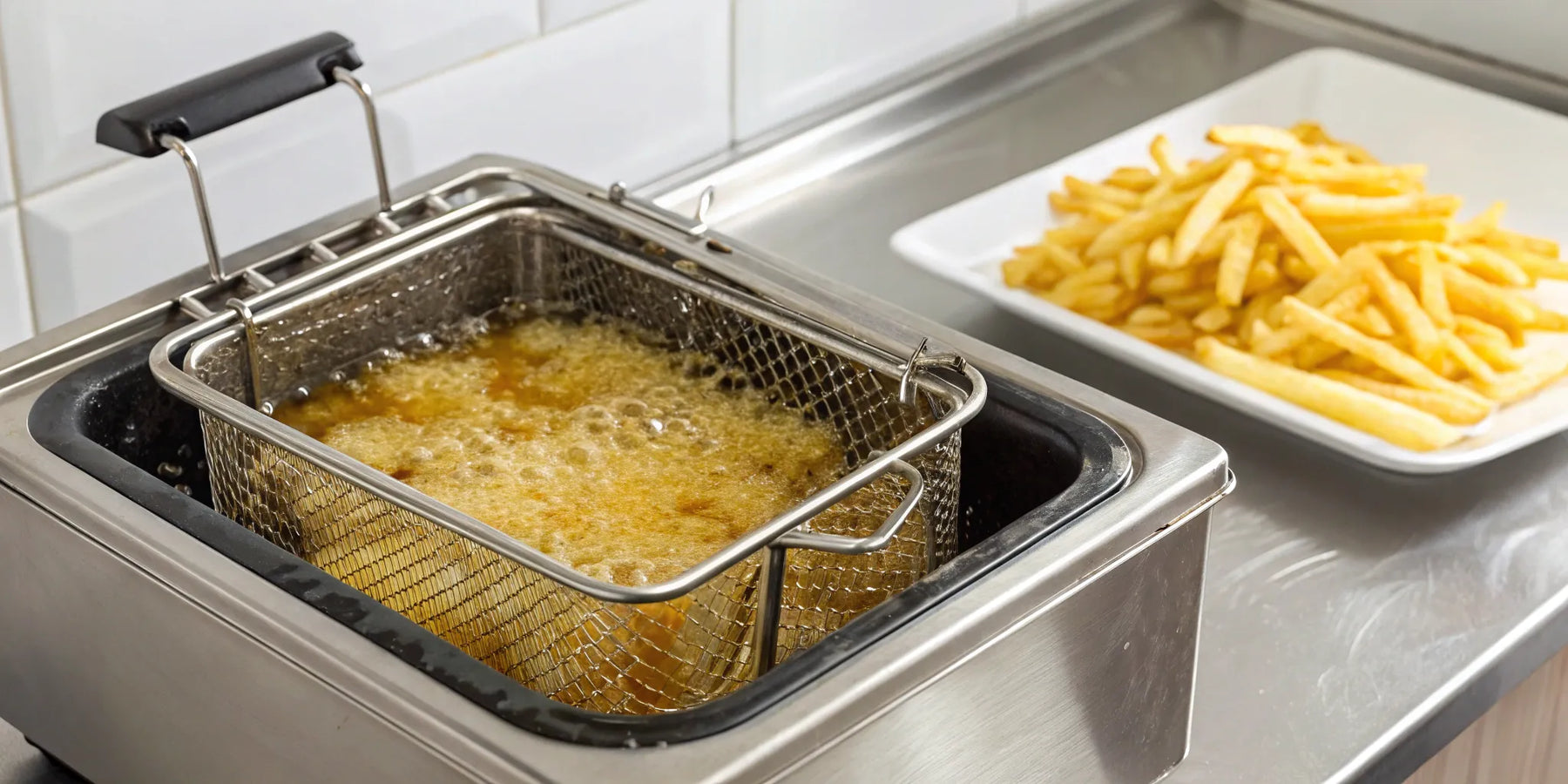 A commercial tabletop deep fryer with a basket of golden French fries.
