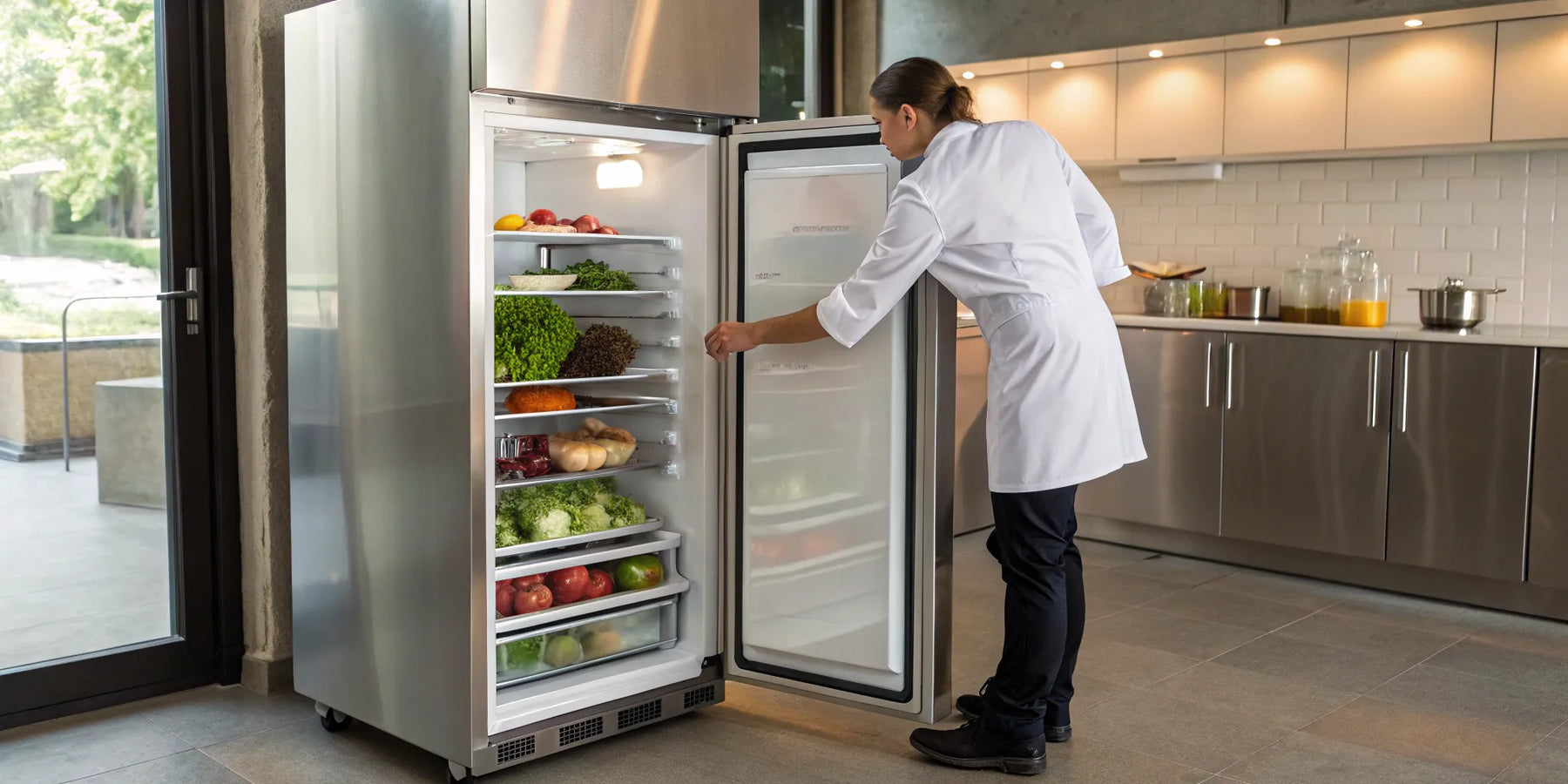 A chef stocks an undercounter commercial freezer in a busy restaurant kitchen.