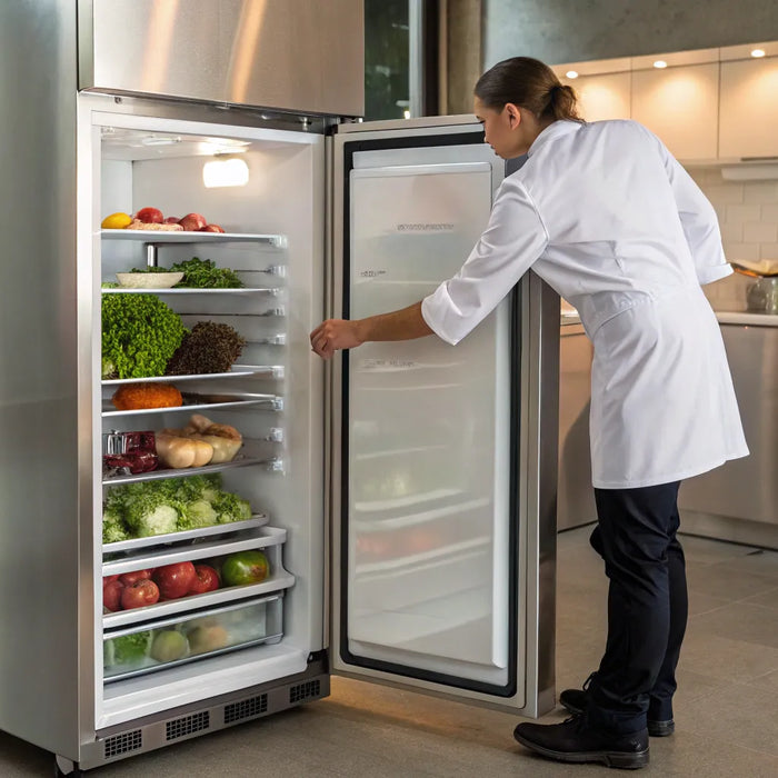A chef stocks an undercounter commercial freezer in a busy restaurant kitchen.