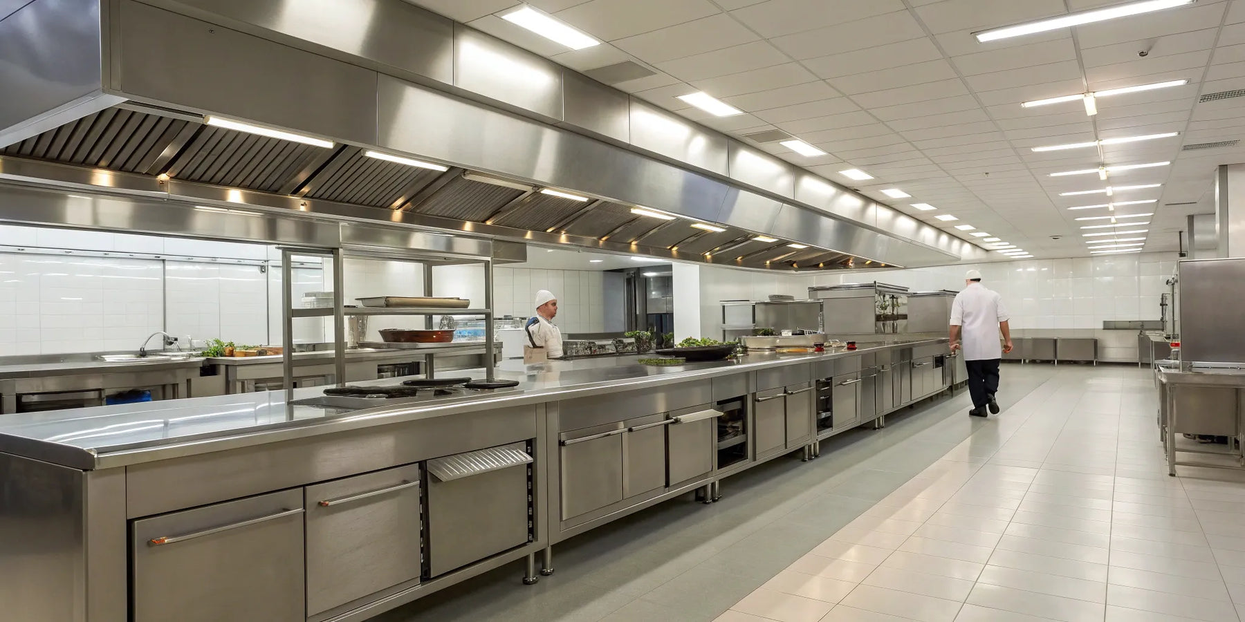 A modern Greensboro commercial kitchen with stainless steel prep tables and equipment.