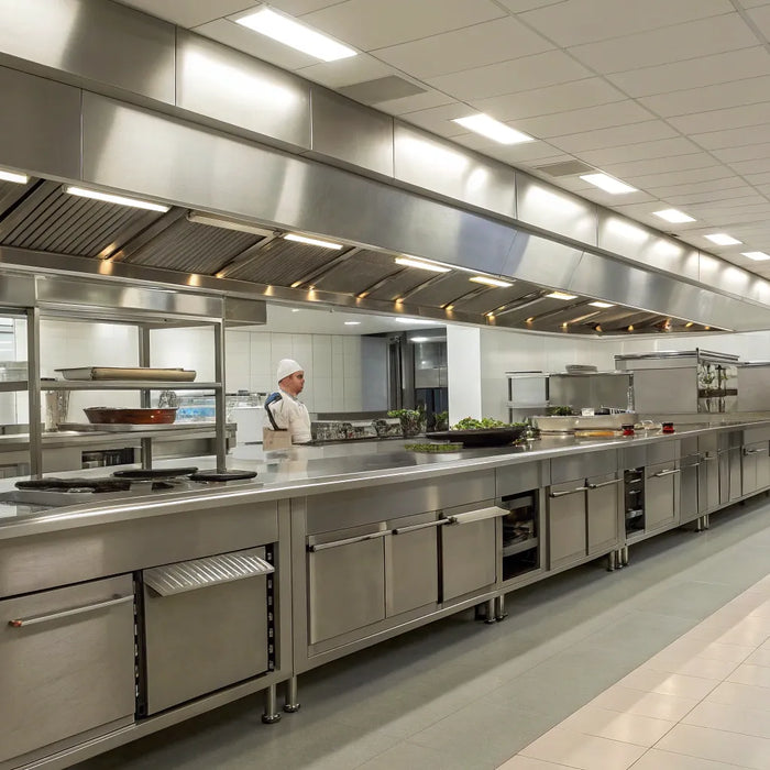 A modern Greensboro commercial kitchen with stainless steel prep tables and equipment.