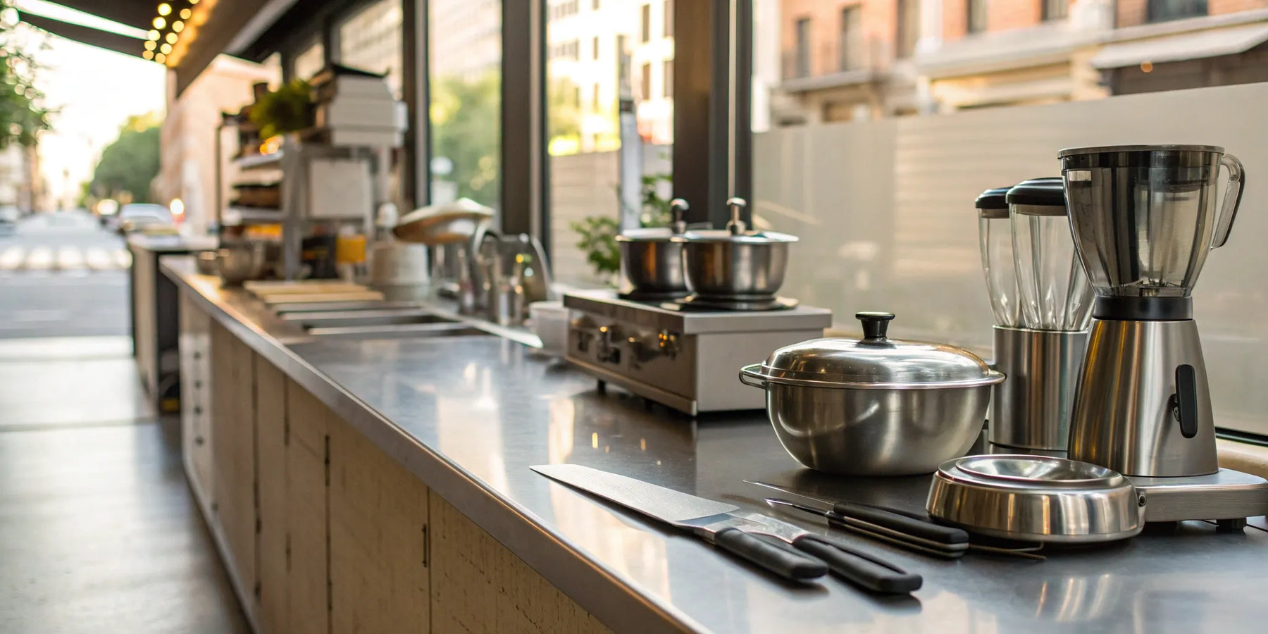 Professional kitchen equipment on display at a restaurant supply store in Seattle.