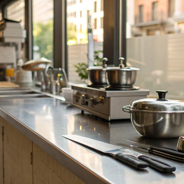 Professional kitchen equipment on display at a restaurant supply store in Seattle.