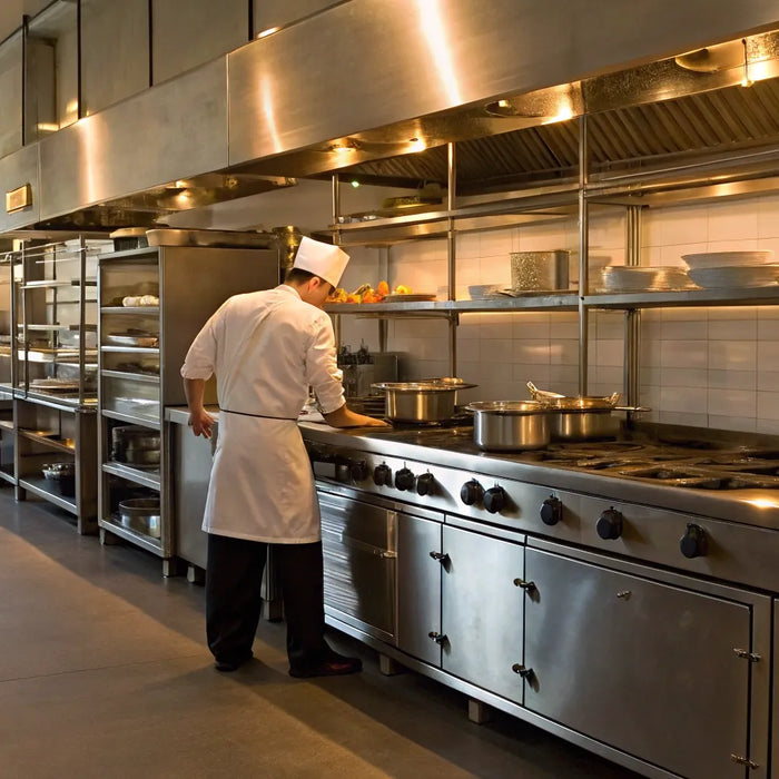 Chef working in a commercial kitchen with leased restaurant equipment.