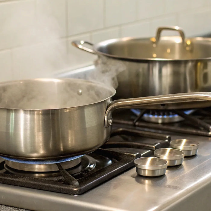2 burner pot steaming on a stovetop.