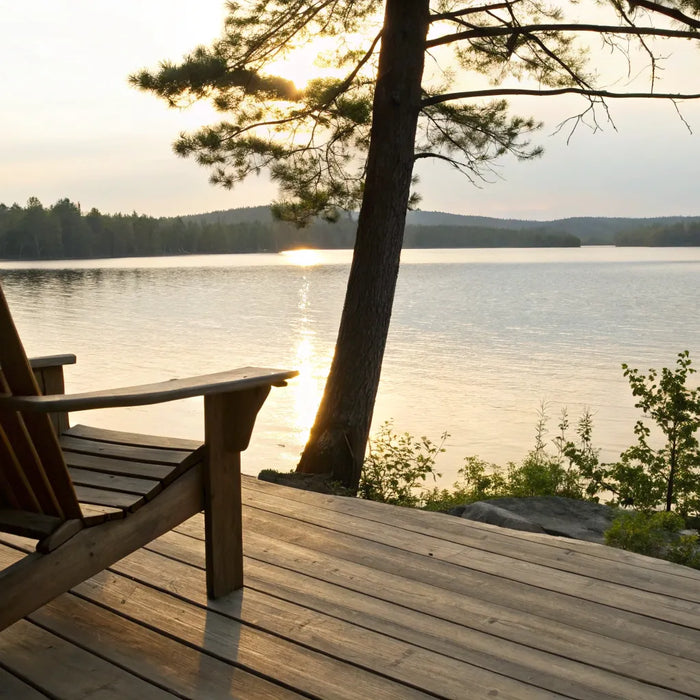 Adirondack chair on a porch overlooking a lake.