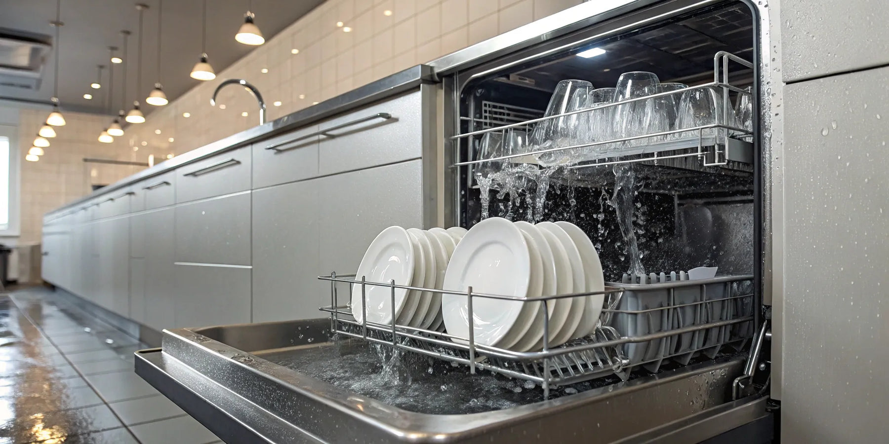 Undercounter bar dishwasher with a rack of clean glassware.