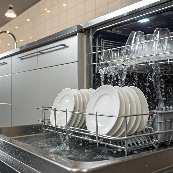 Undercounter bar dishwasher with a rack of clean glassware.