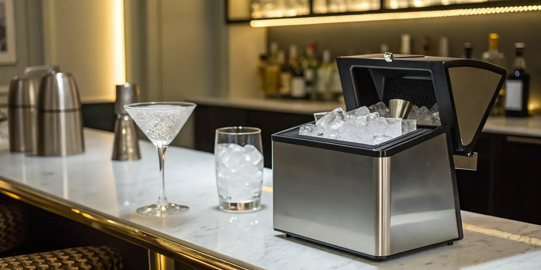 Countertop bar ice machine with a scoop of fresh ice next to a cocktail glass.