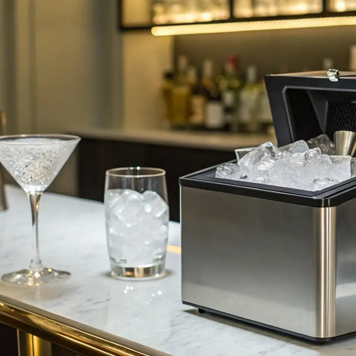 Countertop bar ice machine with a scoop of fresh ice next to a cocktail glass.