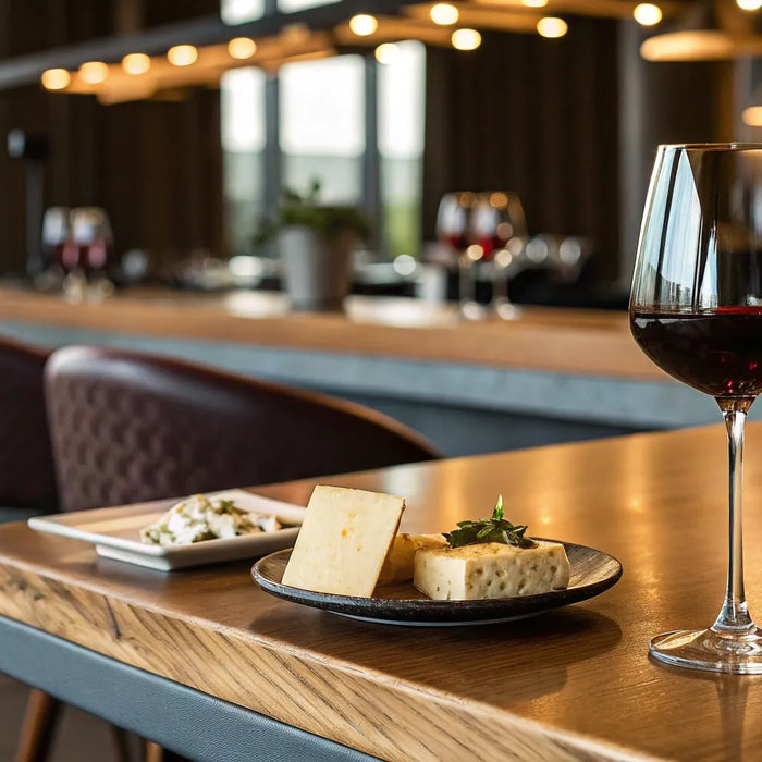 Wooden bar table with red wine and cheese.