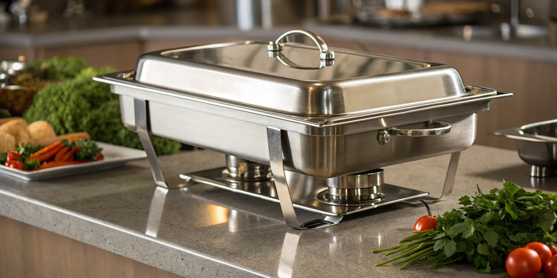 A professional stainless steel buffet pan with a matching lid on a kitchen counter.