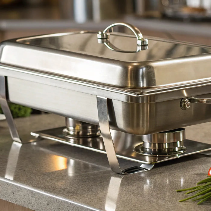 A professional stainless steel buffet pan with a matching lid on a kitchen counter.