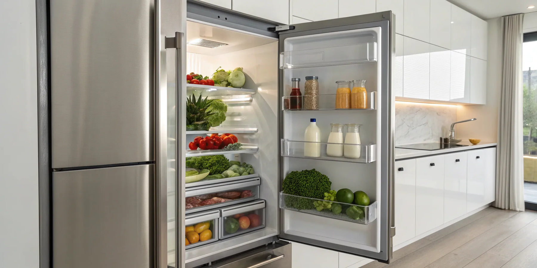 An open stainless steel catering fridge showing its organized shelving and deep storage capacity.