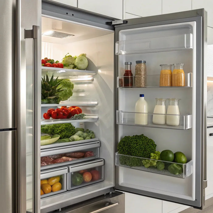 An open stainless steel catering fridge showing its organized shelving and deep storage capacity.