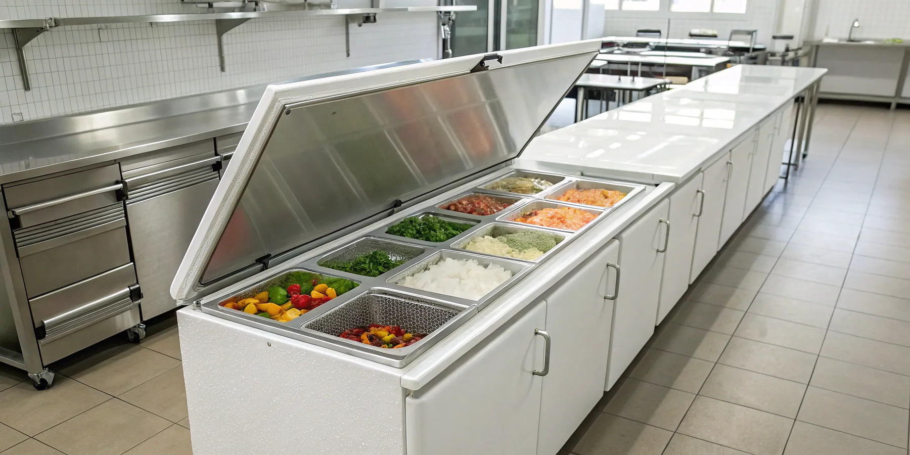 Chest freezer storing restaurant ingredients.