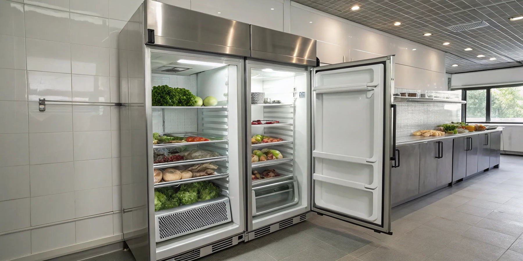 Commercial refrigerator with organized shelves of fresh produce.