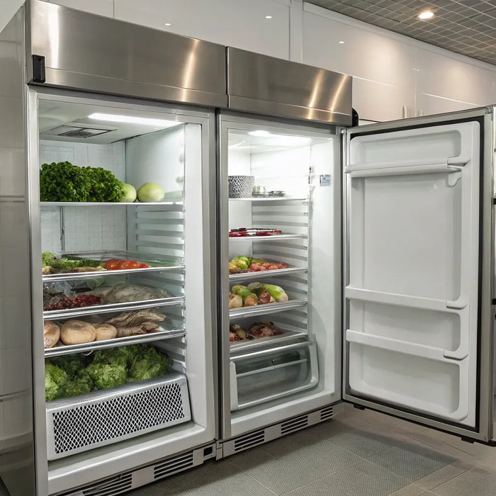 Commercial refrigerator with organized shelves of fresh produce.