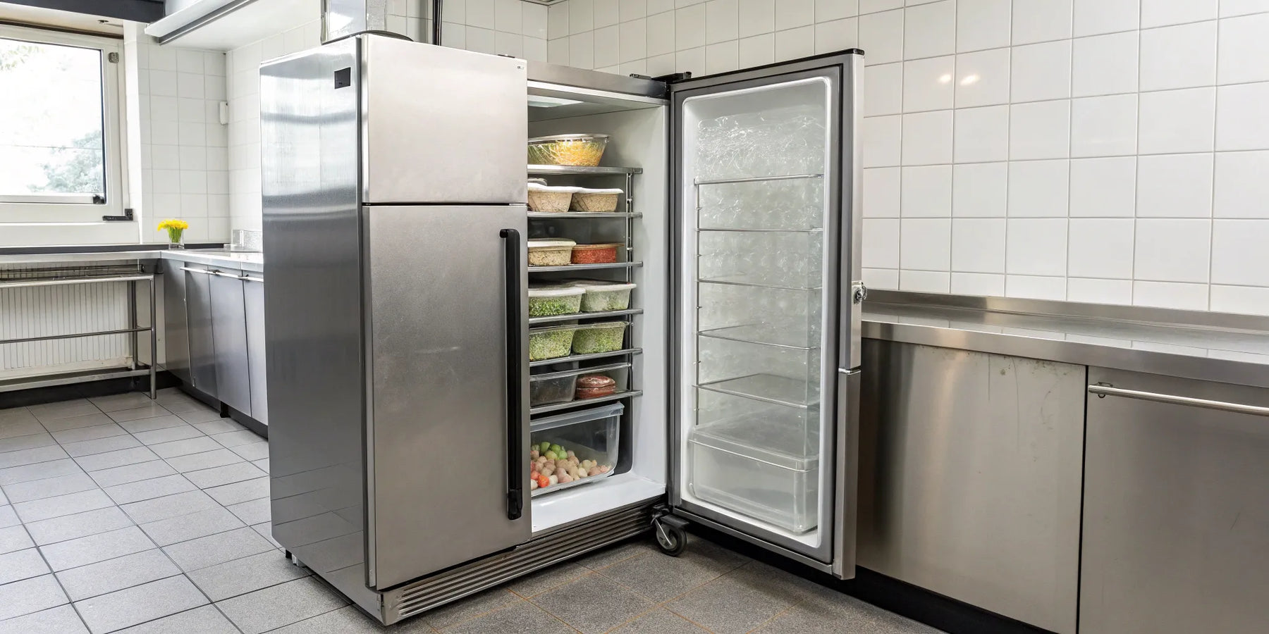 A stainless steel commercial single door freezer, open to show neatly organized food containers.
