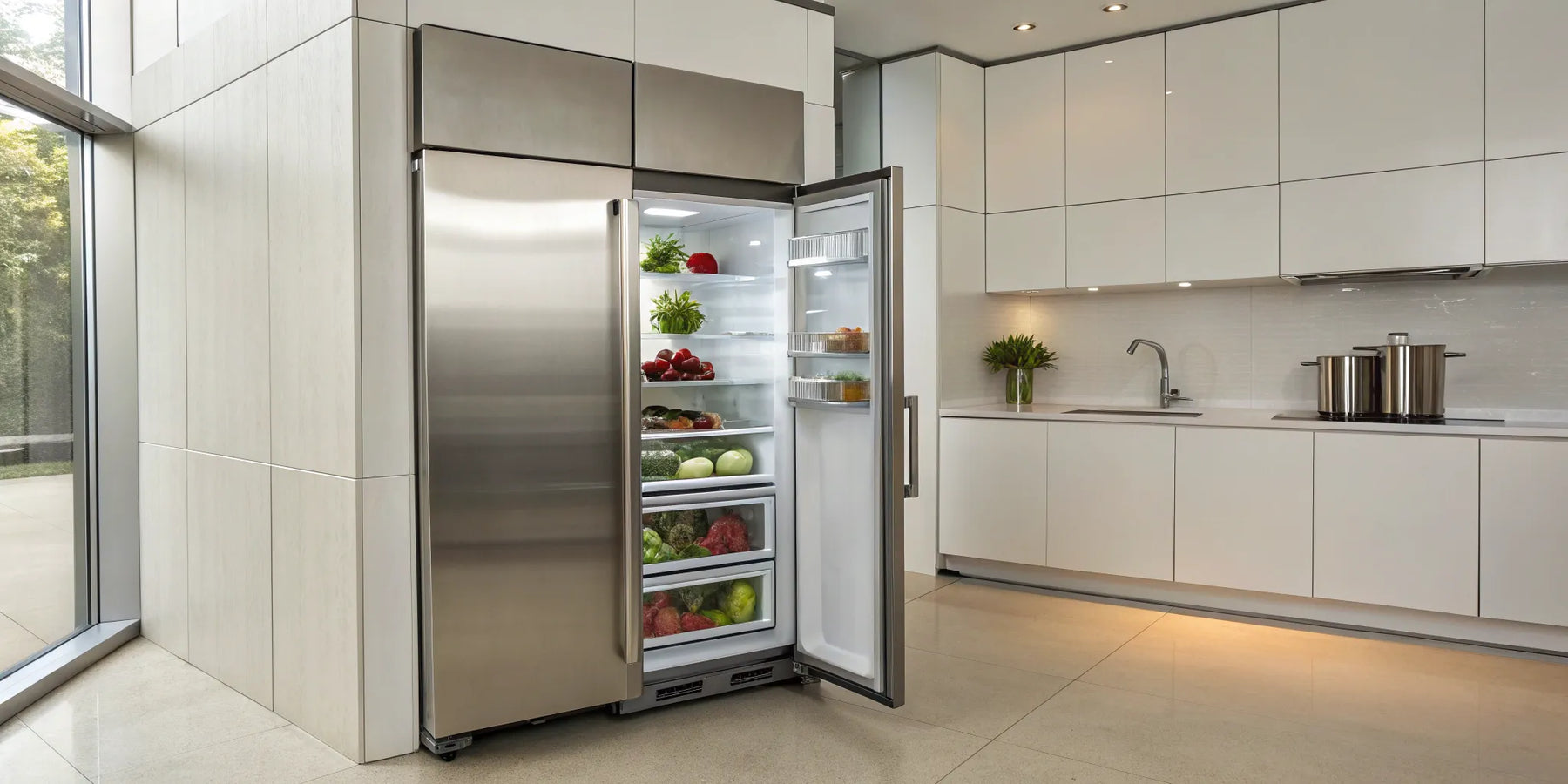 A stainless steel Continental refrigerator open in a commercial kitchen, stocked with fresh produce.
