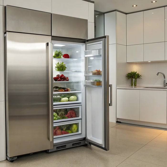 A stainless steel Continental refrigerator open in a commercial kitchen, stocked with fresh produce.