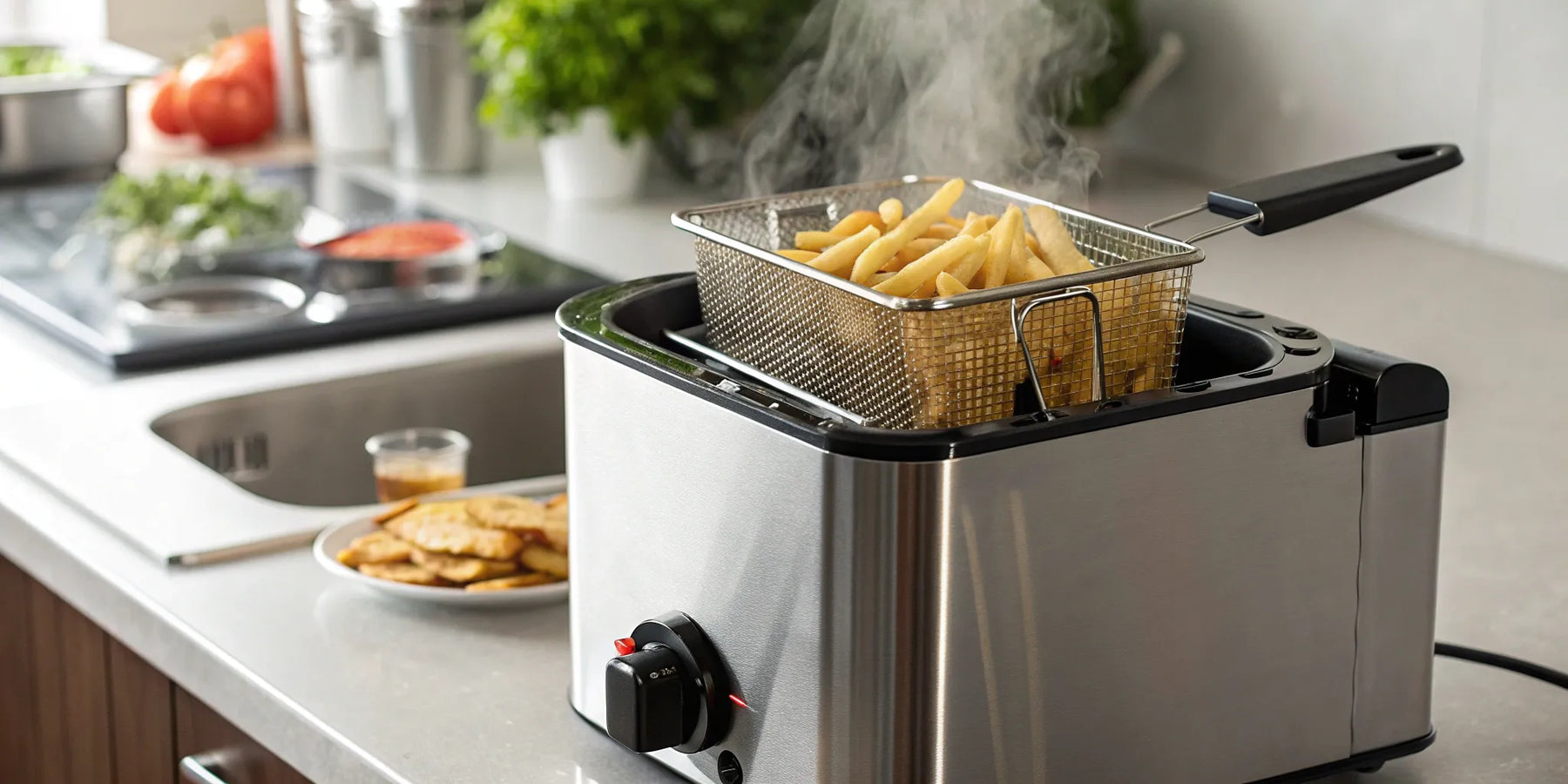 A commercial table top deep fryer in stainless steel with a basket of French fries.
