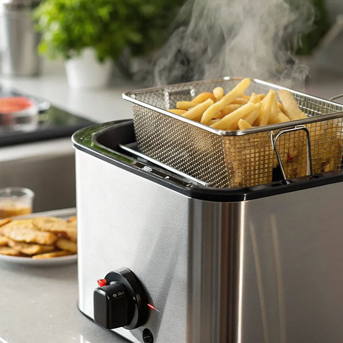 A commercial table top deep fryer in stainless steel with a basket of French fries.