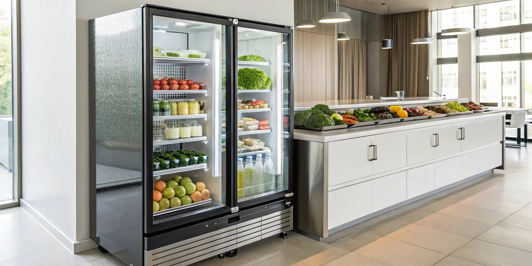 Modern display fridge with glass doors.