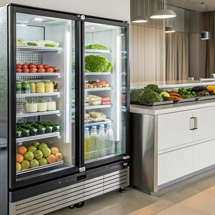 Modern display fridge with glass doors.